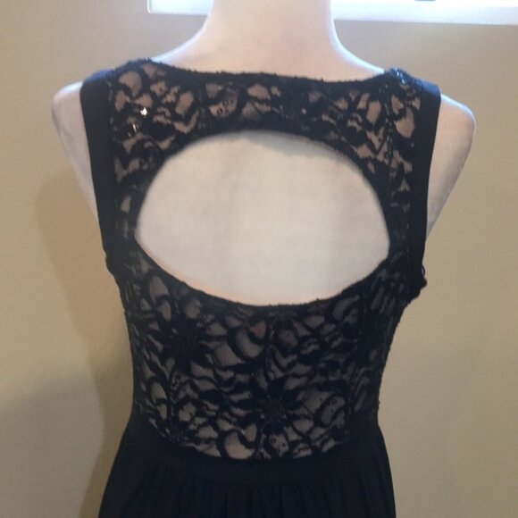 Candalete Floral Sequined Lace Over Tan Bodice Evening Maxi Dress w/Front Slit-M - Picture 6 of 11